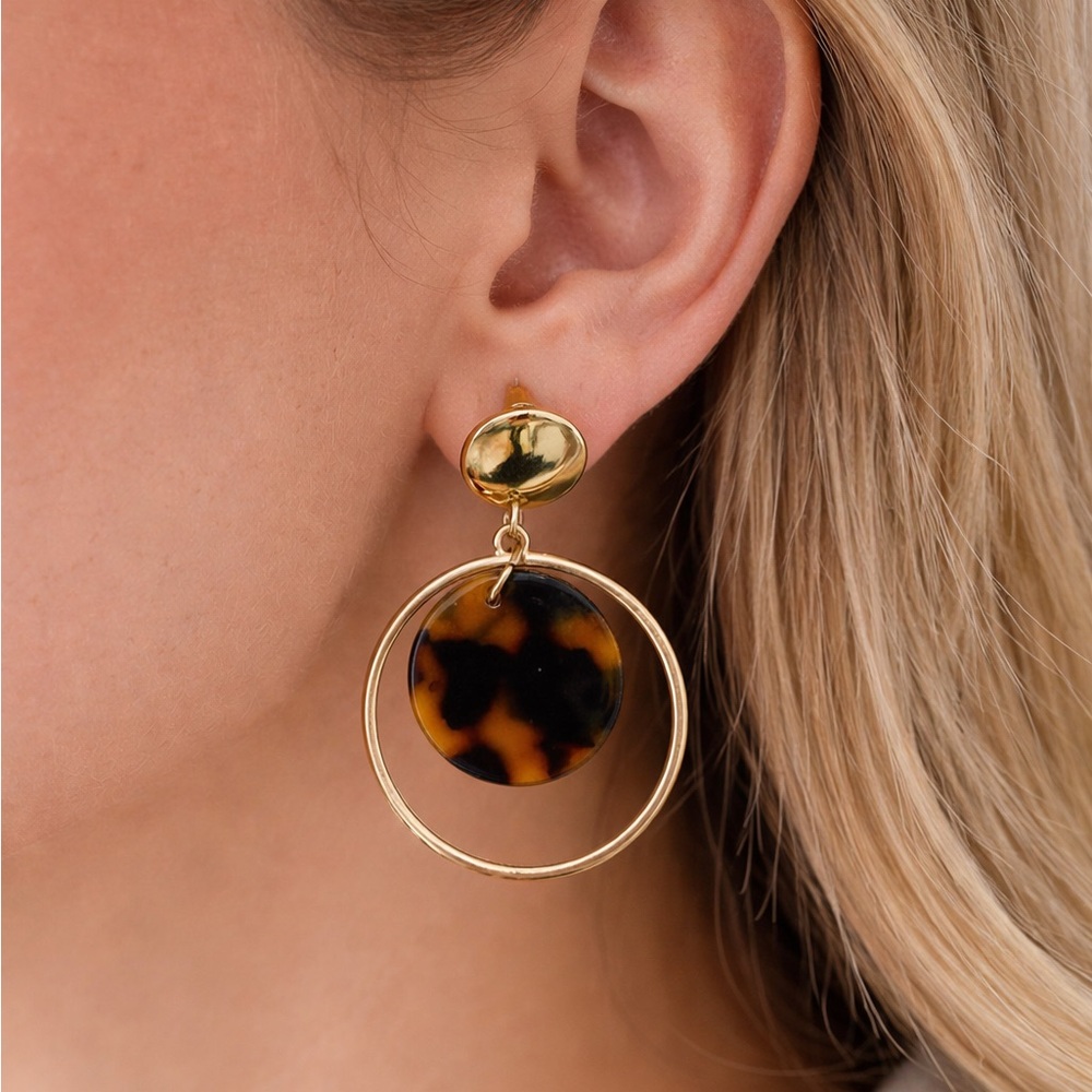 Tortoiseshell Drop Earrings Gold Tone Hoop Stud Lightweight
